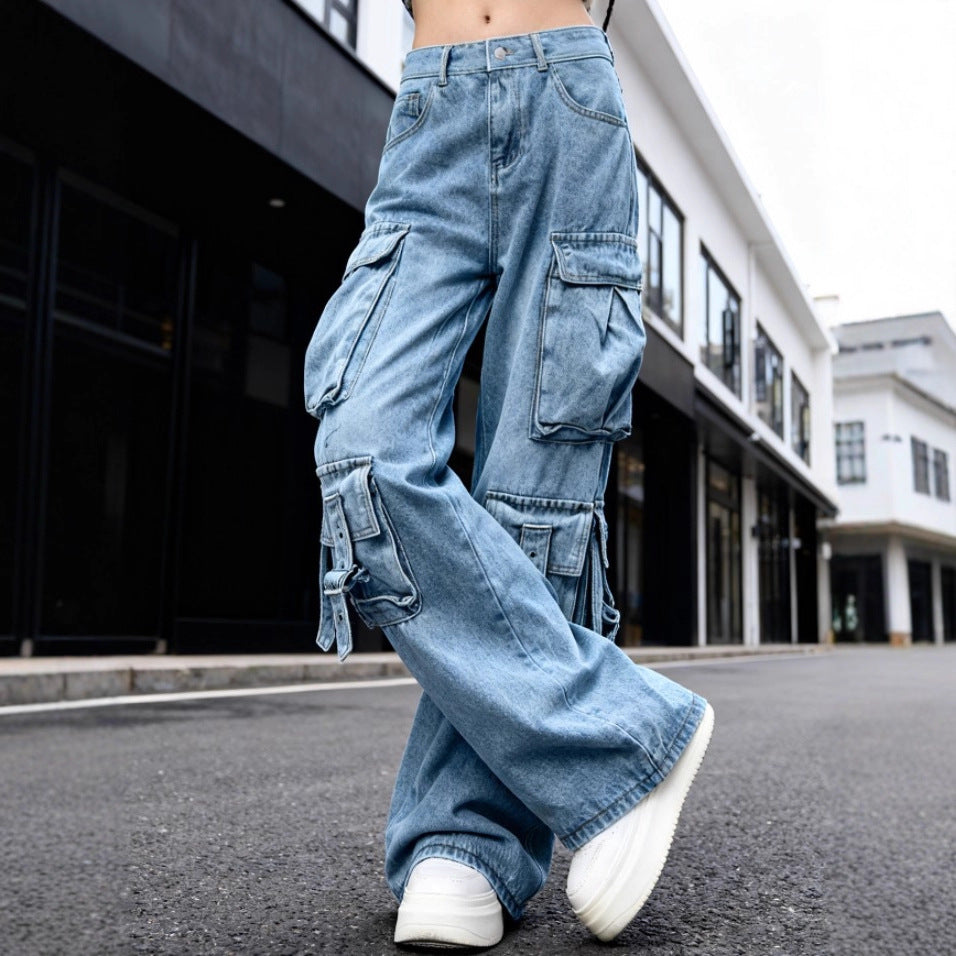 Women's Wide Cargo Jeans with Multiple Patch Pockets and Utility Details Fashion Glam