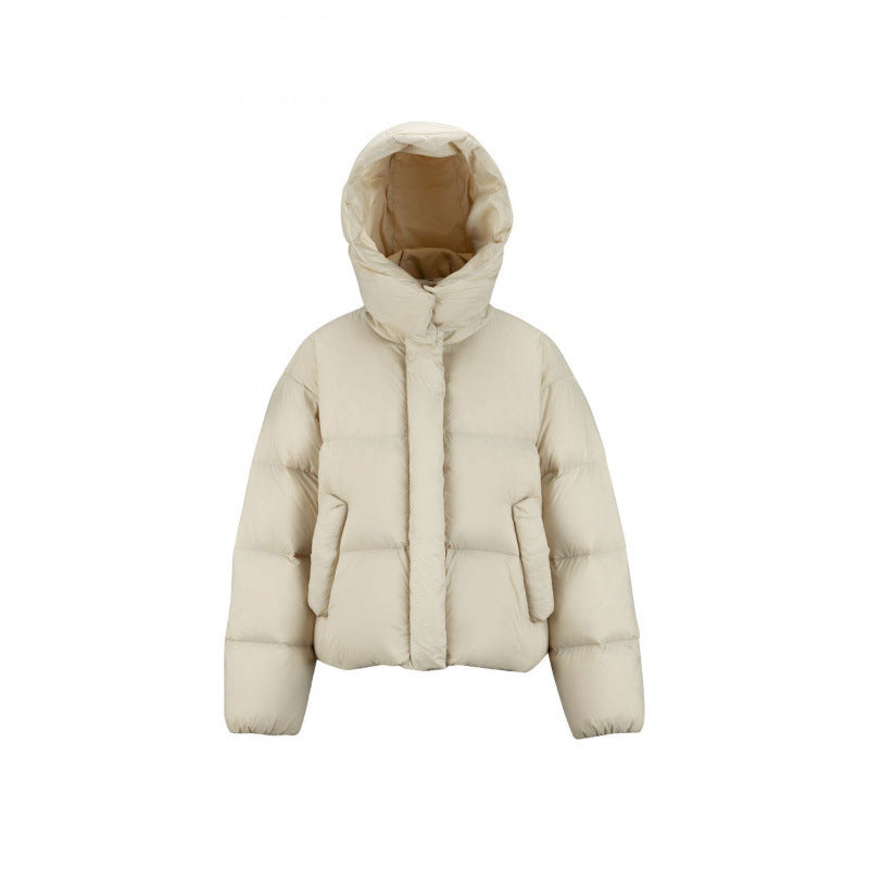 Women's Short Padded Crop Quilted Jacket with Volume Hood and Concealed Snap Placket Fashion Glam