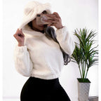 Women's Short Hooded Sherpa Pullover with Kangaroo Pocket and Elastic Hem Fashion Glam