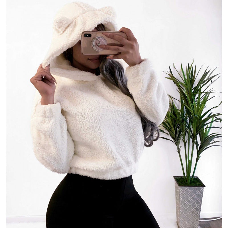 Women's Short Hooded Sherpa Pullover with Kangaroo Pocket and Elastic Hem Fashion Glam