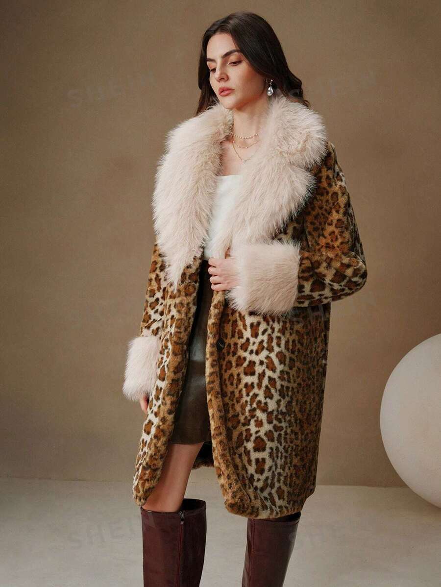 Women's Mid-Length Faux Fur Coat with Contrasting High-Pile Shawl Collar and Leopard Print Fashion Glam