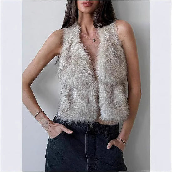 Women's Sleeveless Cropped Faux Fur Set with Mini Skirt and Fluffy Cuffs Fashion Glam