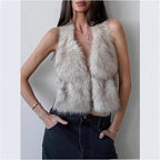 Women's Sleeveless Cropped Faux Fur Set with Mini Skirt and Fluffy Cuffs Fashion Glam