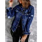 Women Tailored Denim Jacket with Destroyed Accents, Patch Pockets, and Visible Quilted Stitching Fashion Glam