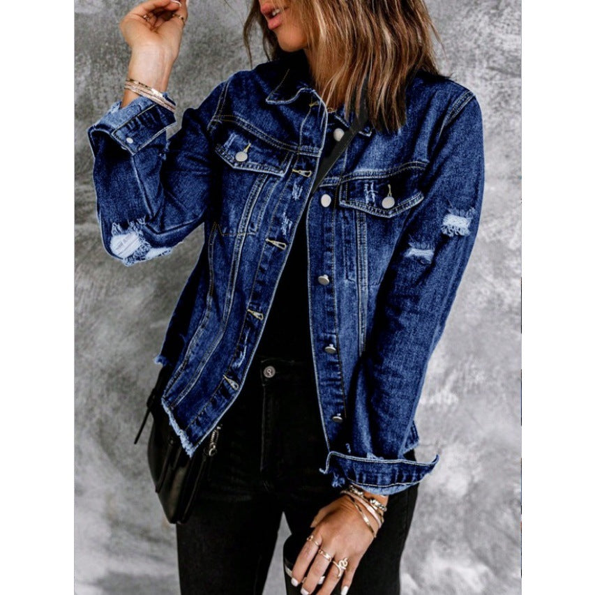 Women Tailored Denim Jacket with Destroyed Accents, Patch Pockets, and Visible Quilted Stitching Fashion Glam