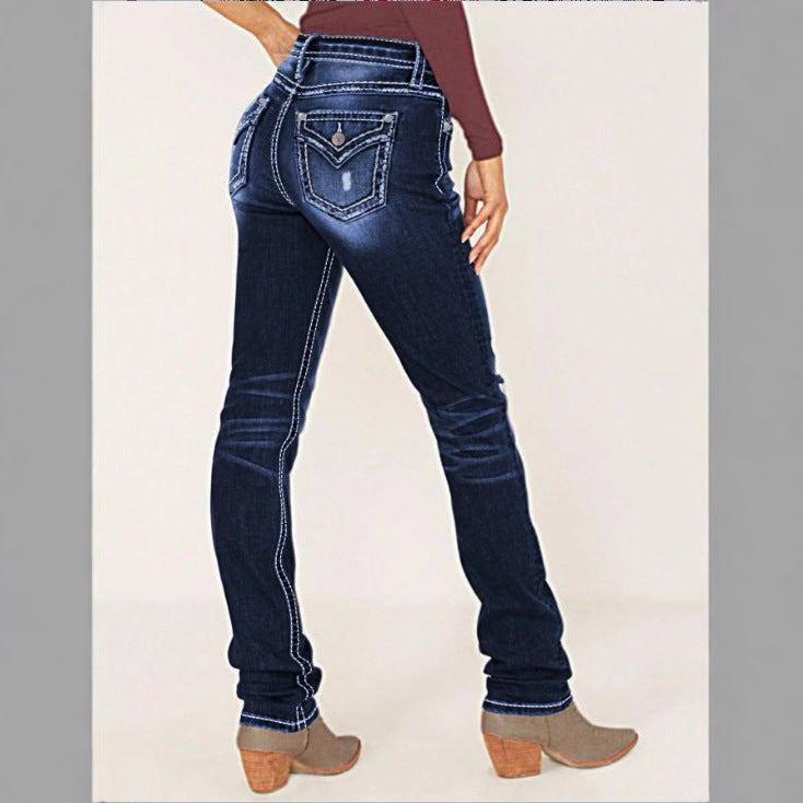 Women Sculpting Straight Denim with contrasting seam details and destroyed details Fashion Glam