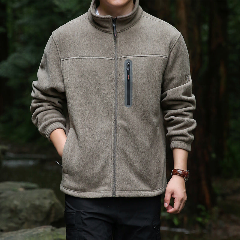 Men's Thermal Microfleece Outdoor Jacket with Stand-Up Collar, Waterproof Chest Zip Pocket Fashion Glam