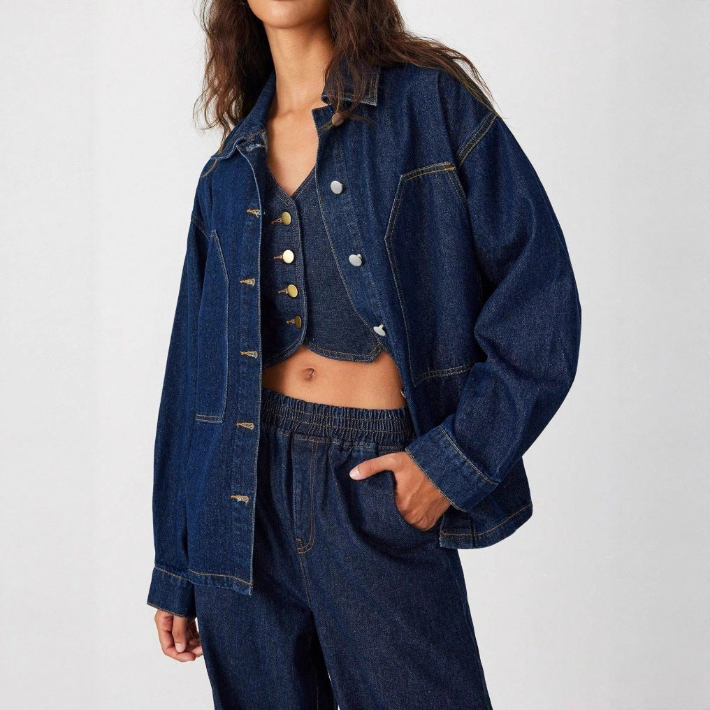 Women's Oversized Denim Jacket with Distinctive Front Pockets and Relaxed Fit Fashion Glam