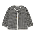 Ladies Vichy Check Blouse with Lace Trim, Tie Band and Three-Quarter Balloon Sleeves Fashion Glam