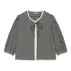 Ladies Vichy Check Blouse with Lace Trim, Tie Band and Three-Quarter Balloon Sleeves Fashion Glam