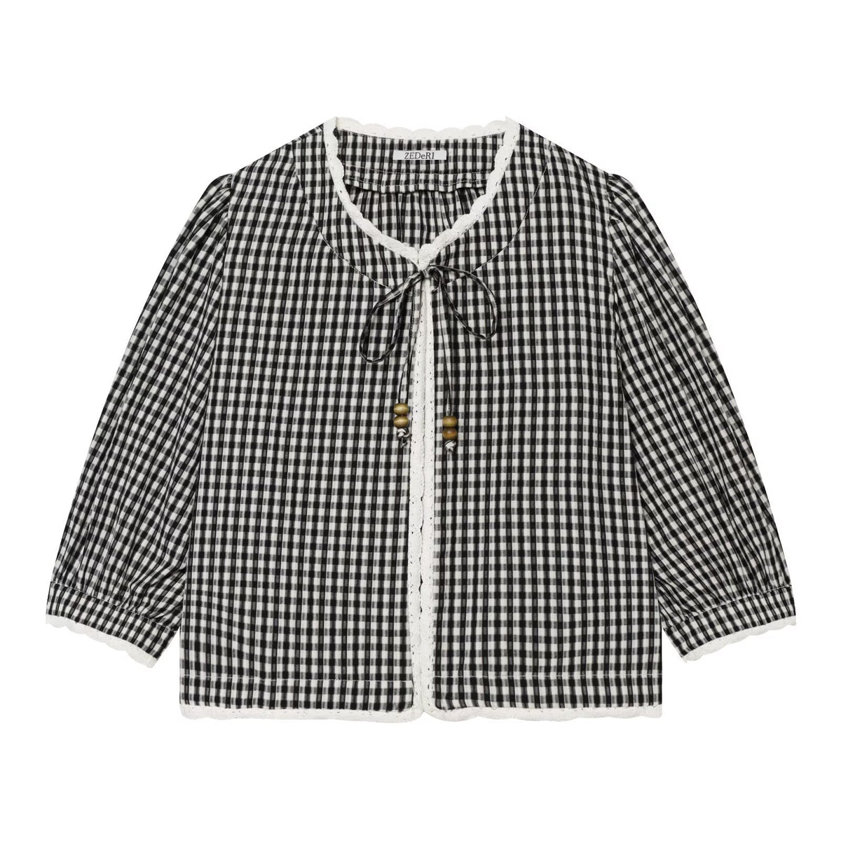 Ladies Vichy Check Blouse with Lace Trim, Tie Band and Three-Quarter Balloon Sleeves Fashion Glam