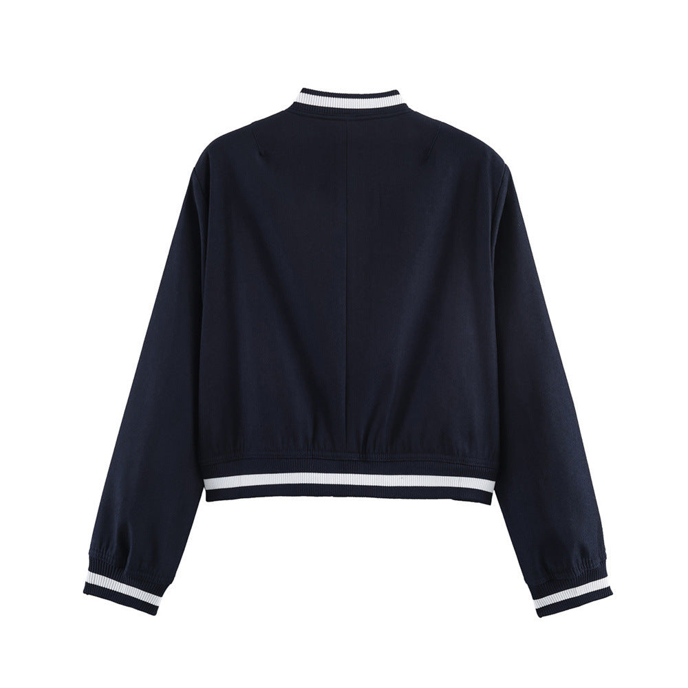 Women's short-cut college bomber jacket with ribbed striped collar and snap button placket Fashion Glam