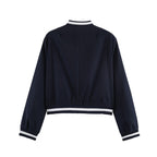 Women's short-cut college bomber jacket with ribbed striped collar and snap button placket Fashion Glam