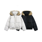 Women short quilted bomber jacket with hood and faux fur trim Fashion Glam