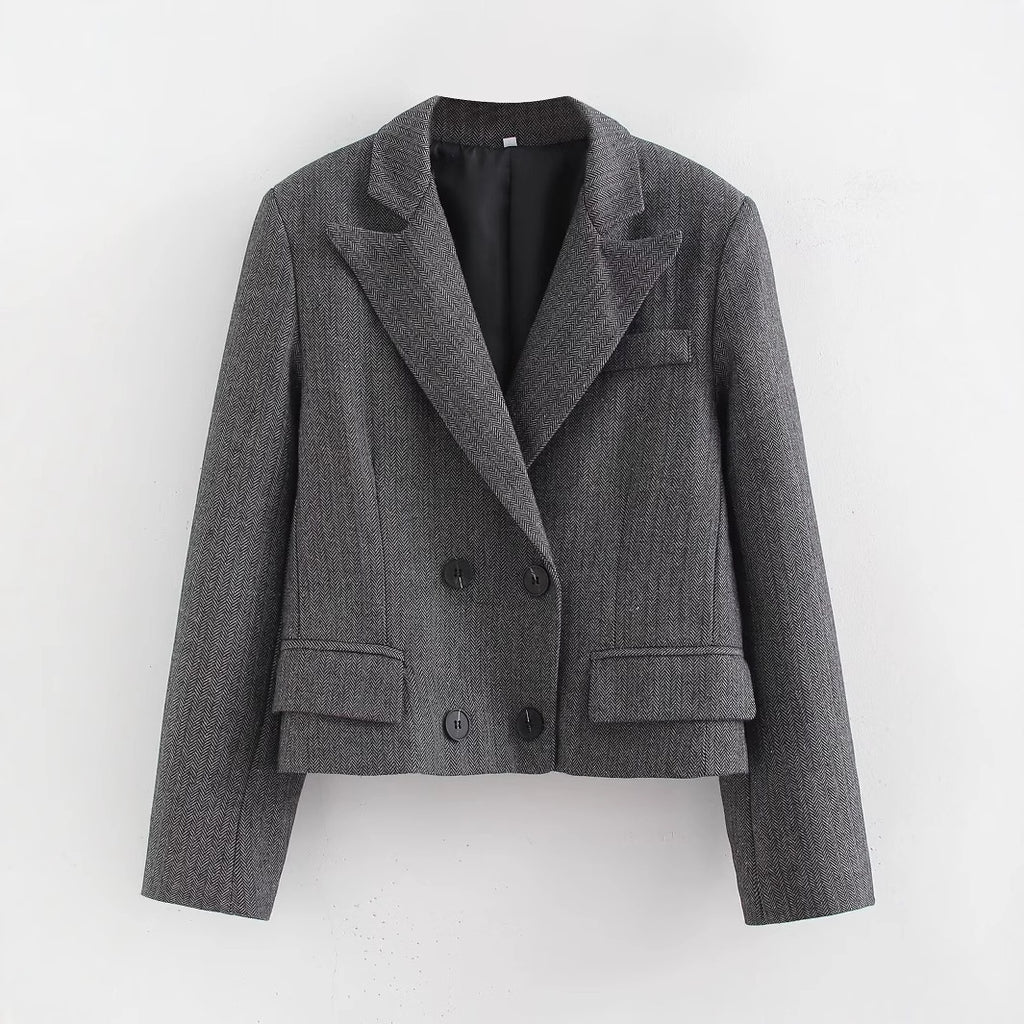 Women Short Cut Double Breasted Blazer in Houndstooth Pattern Fashion Glam