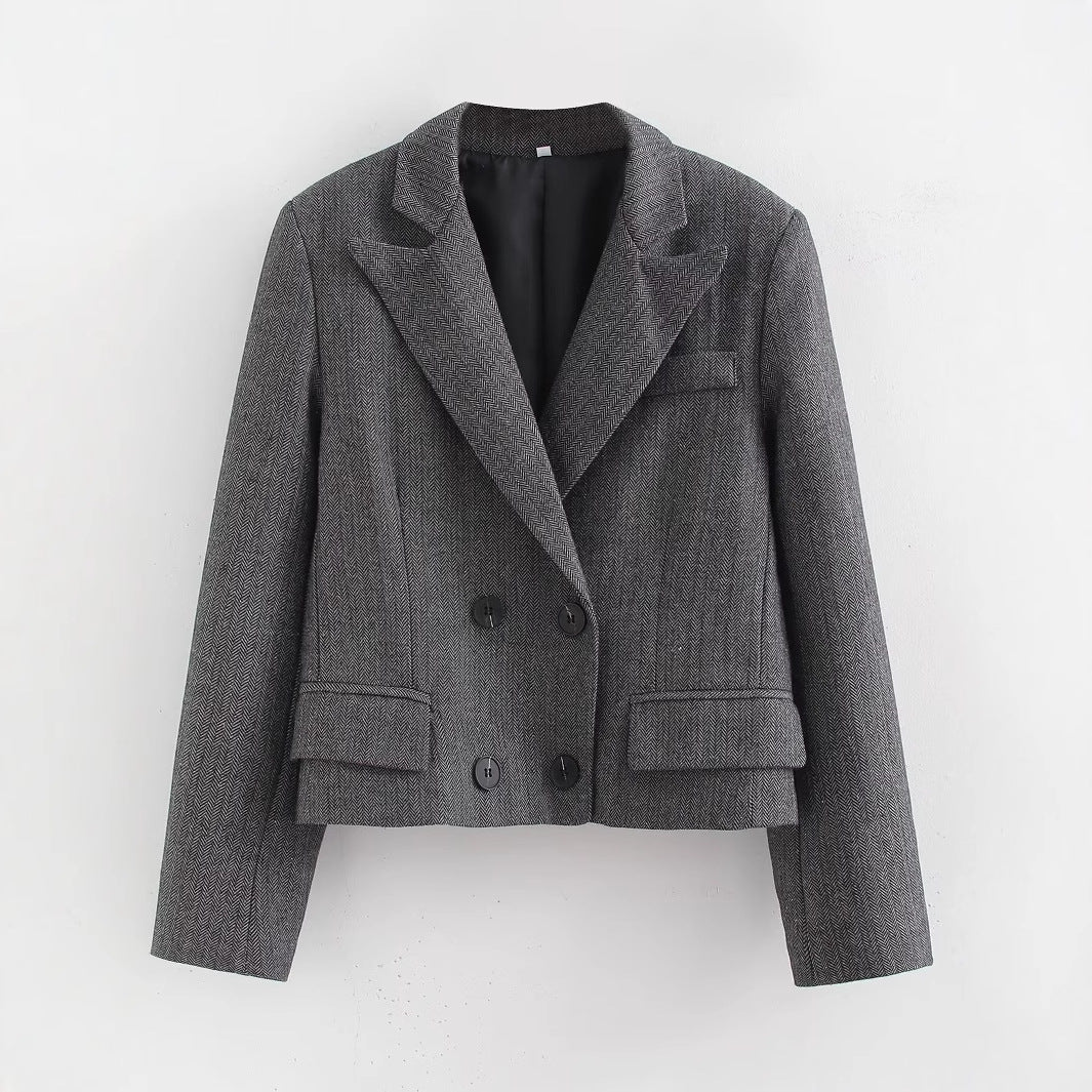 Women Short Cut Double Breasted Blazer in Houndstooth Pattern Fashion Glam