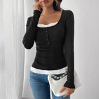 Women’s ribbed top with deep scoop neckline, decorative button placket and lace insert Fashion Glam