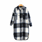Women Checkered Longline Shirt Jacket Coat with Patch Pockets Fashion Glam