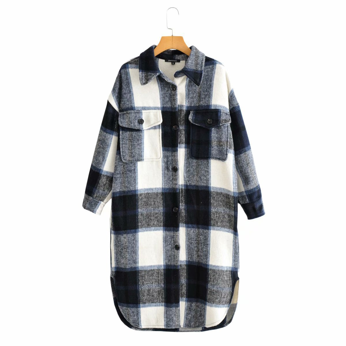 Women Checkered Longline Shirt Jacket Coat with Patch Pockets Fashion Glam