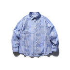 [Unisex] Oversize shirt in patchwork stripe mix with breast pocket and rounded hem Fashion Glam