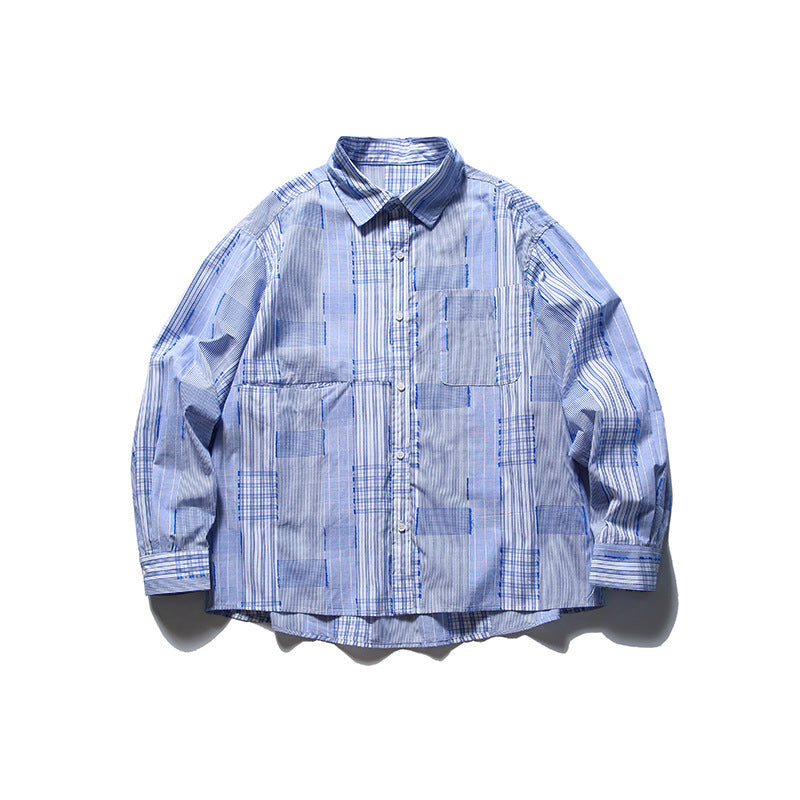 [Unisex] Oversize shirt in patchwork stripe mix with breast pocket and rounded hem Fashion Glam