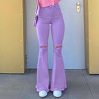Women High-Rise Stretch Flared Jeans with Knee Rips, Flared Leg and Raw Hem Fashion Glam