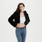 Women's Cropped Faux Fur Jacket with Quilted Panel Design and Hood Fashion Glam