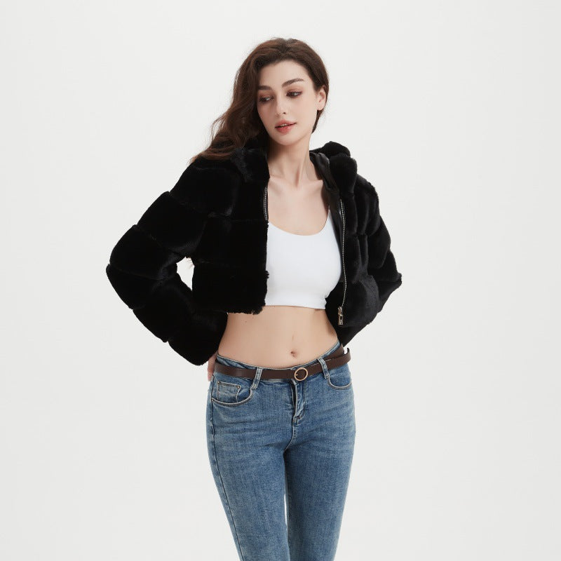 Women's Cropped Faux Fur Jacket with Quilted Panel Design and Hood Fashion Glam