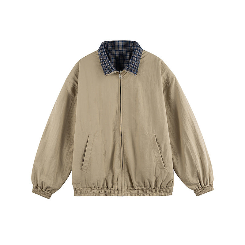 Unisex Lightweight Oversized Zip Jacket in Bomber Style with Checkered Collar and Elastic Cuffs Fashion Glam