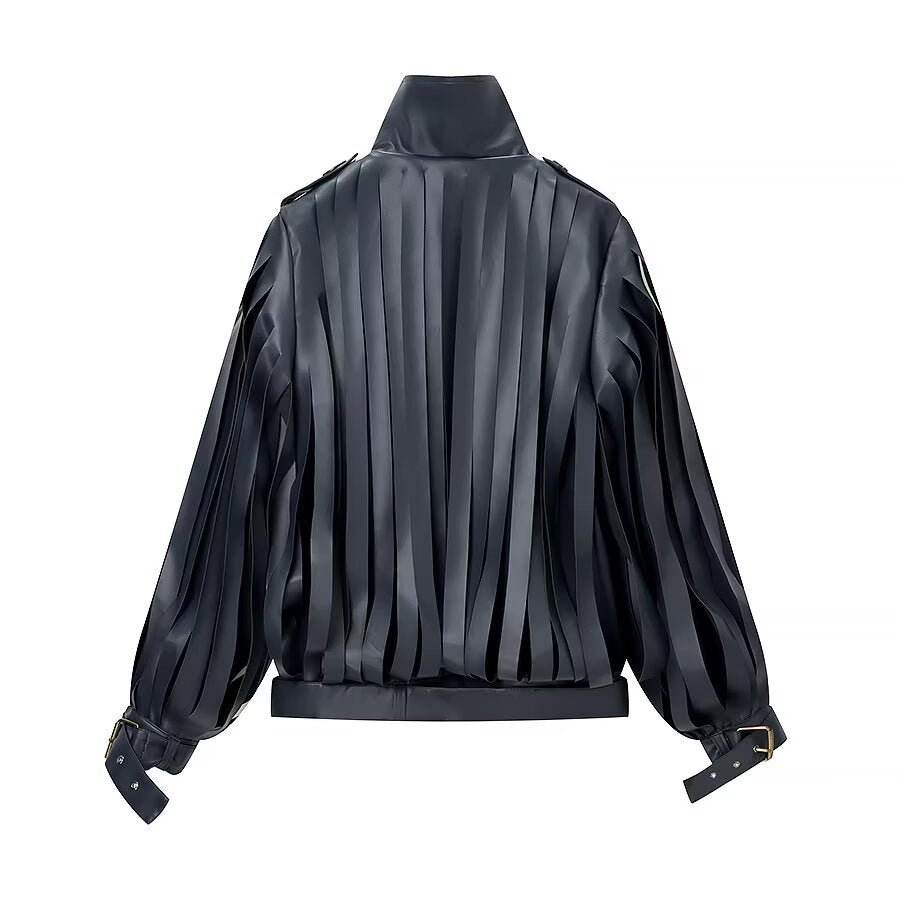 Ladies faux leather fringed biker jacket with standing collar and waist belt Fashion Glam