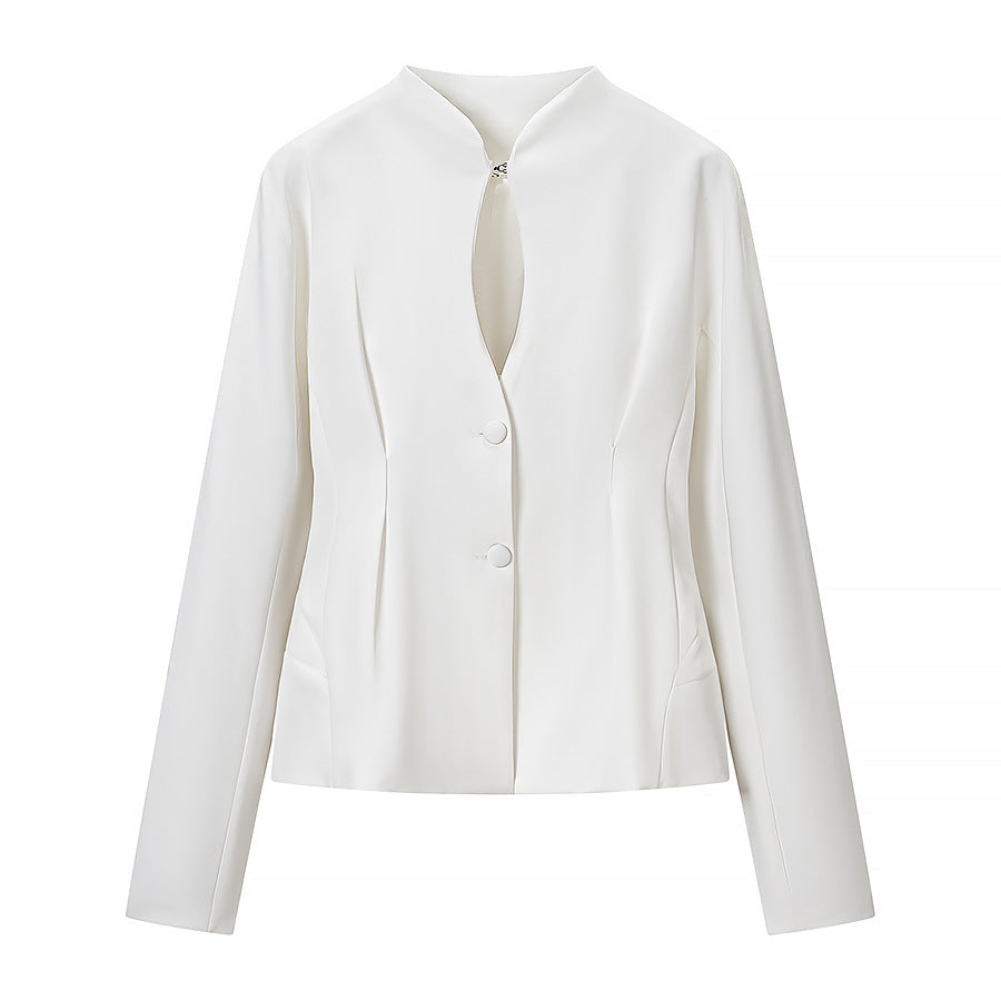 Women's Tailored Short Jacket with Stand Collar, Slit Neckline and Princess Seams Fashion Glam