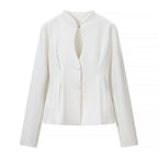 Women's Tailored Short Jacket with Stand Collar, Slit Neckline and Princess Seams Fashion Glam