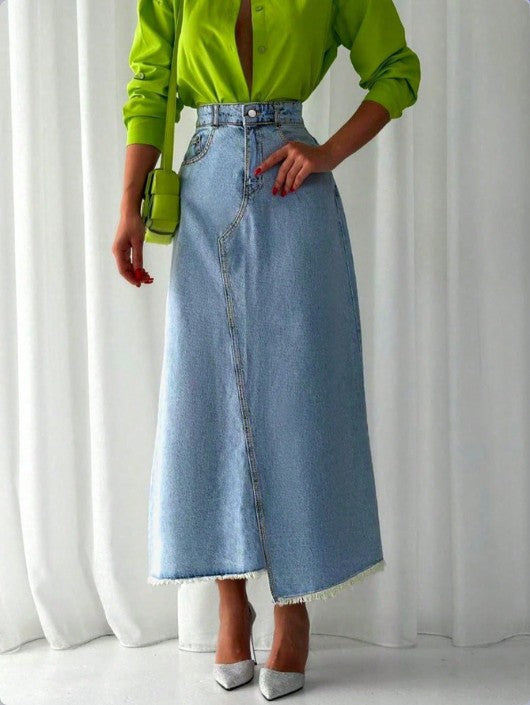 Ladies High-Waisted Maxi Denim Skirt with Asymmetrical Front Seam and Frayed Hem Fashion Glam