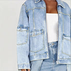 Women's Oversize Utility Denim Jacket with Large Flap Pockets and Zipper Fashion Glam