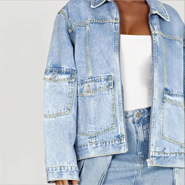 Women's Oversize Utility Denim Jacket with Large Flap Pockets and Zipper Fashion Glam