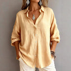 Women's Loose Linen Look Shirt with Oversized Cut and Round Hem Fashion Glam