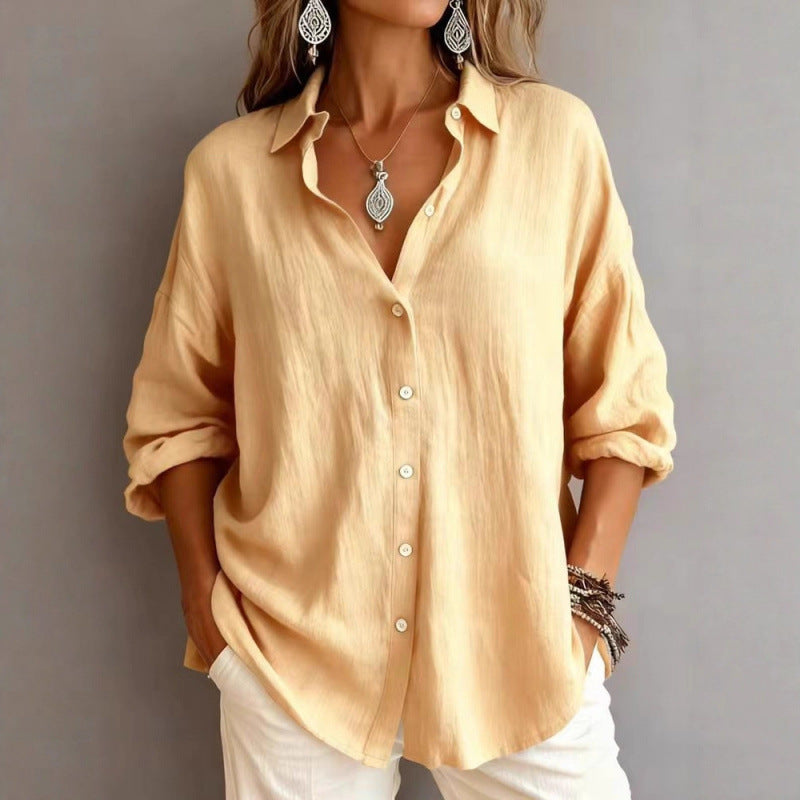 Women's Loose Linen Look Shirt with Oversized Cut and Round Hem Fashion Glam