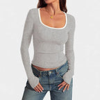 Ladies fitted rib shirt with wide square neckline and contrast edge Fashion Glam