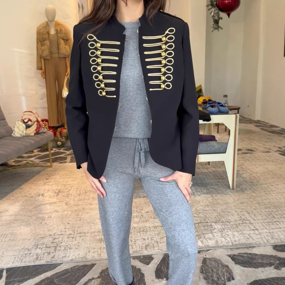 Ladies military-inspired fitted blazer with gold-embroidered cord applications Fashion Glam