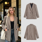 Women's Double-Breasted Oversized Blazer with Houndstooth Check and Flap Pockets Fashion Glam