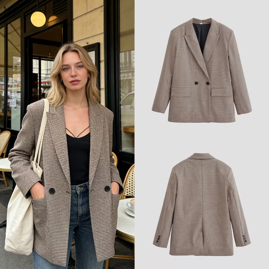 Women's Double-Breasted Oversized Blazer with Houndstooth Check and Flap Pockets Fashion Glam