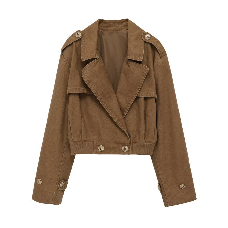 Women's Short Cut Utility Jacket in Field Style with Wide Lapels and Tailored Waistband Fashion Glam