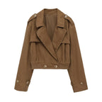 Women's Short Cut Utility Jacket in Field Style with Wide Lapels and Tailored Waistband Fashion Glam