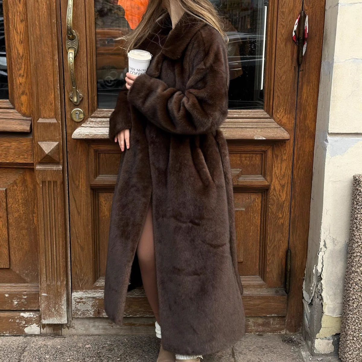 Women's elegant long pile faux fur coat with hood and tailored silhouette Fashion Glam