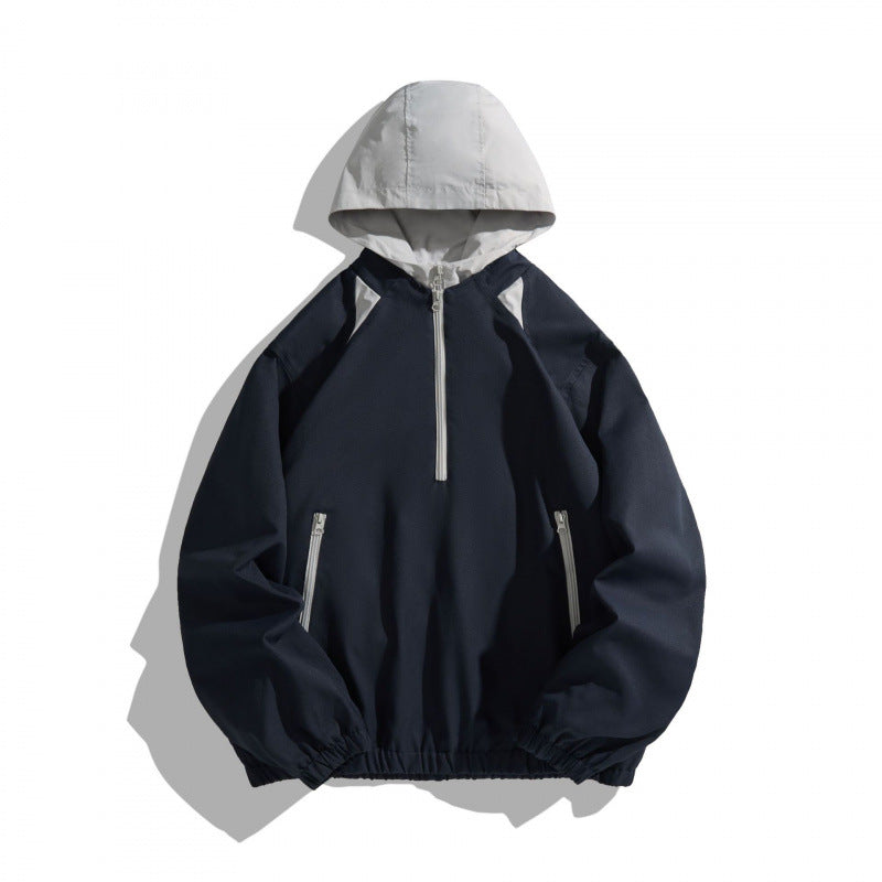 Unisex Oversize Half-zip Hoodie with Contrast Hood, Zipper Pockets and Elastic Hem Fashion Glam