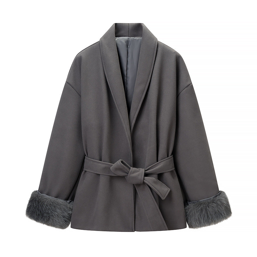 Women's Oversized Wrap Coat with Shawl Collar and Fur Trim on the Sleeves Fashion Glam