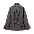 Women's Oversized Wrap Coat with Shawl Collar and Fur Trim on the Sleeves Fashion Glam