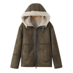 Women's Hooded Lambskin Imitation Bomber Jacket with Teddy Lining and Zip Fashion Glam