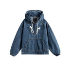 Unisex Oversize Denim Hoodie with Kangaroo Pocket and Half Zipper Fashion Glam