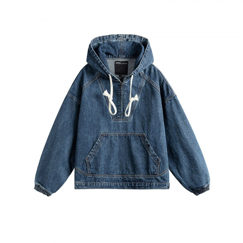 Unisex Oversize Denim Hoodie with Kangaroo Pocket and Half Zipper Fashion Glam